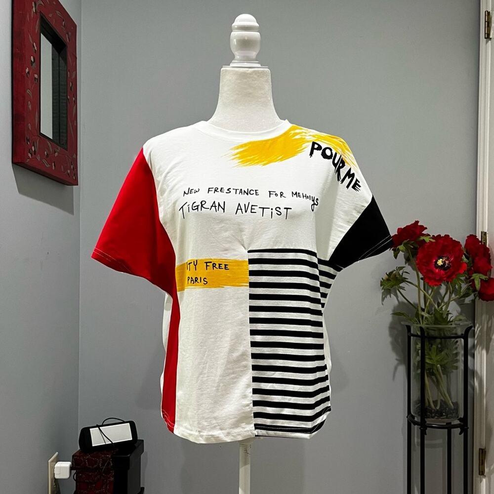 NEW Duty Free Paris Cotton Colorblock Stripe Bat Wing Sleeves Casual T Shirt M